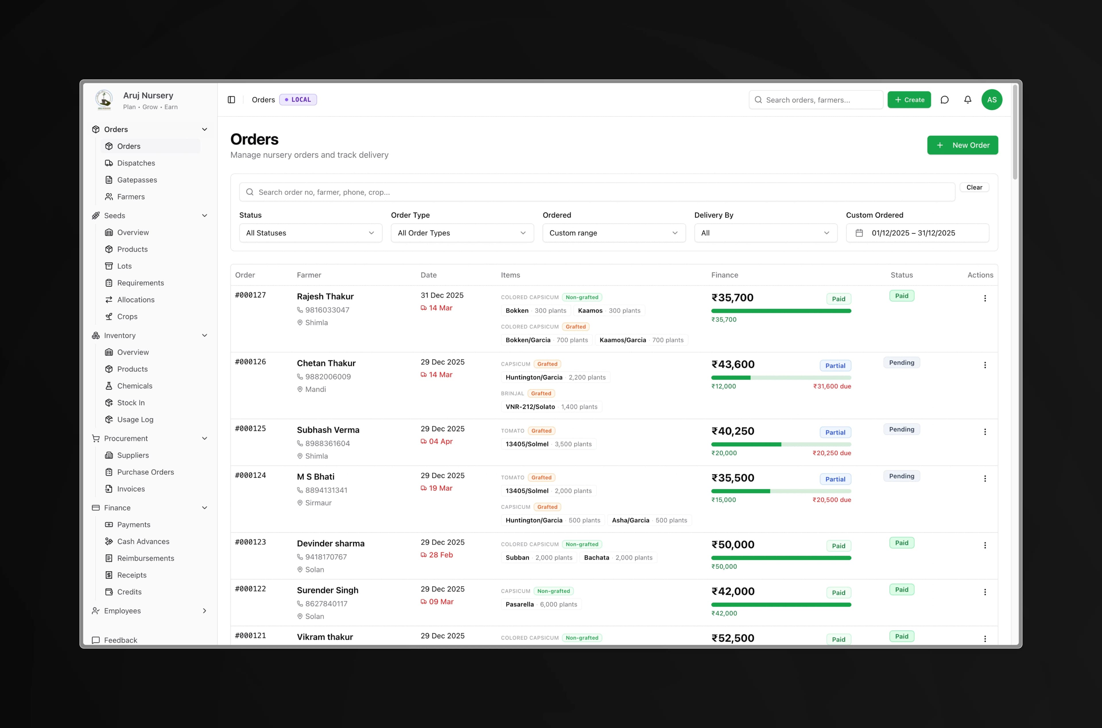 Order management — every farmer order with live payment status and delivery tracking.