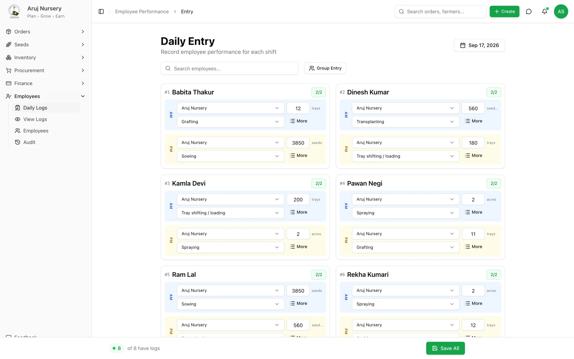 Daily entry — one sheet for the whole team, morning and afternoon.