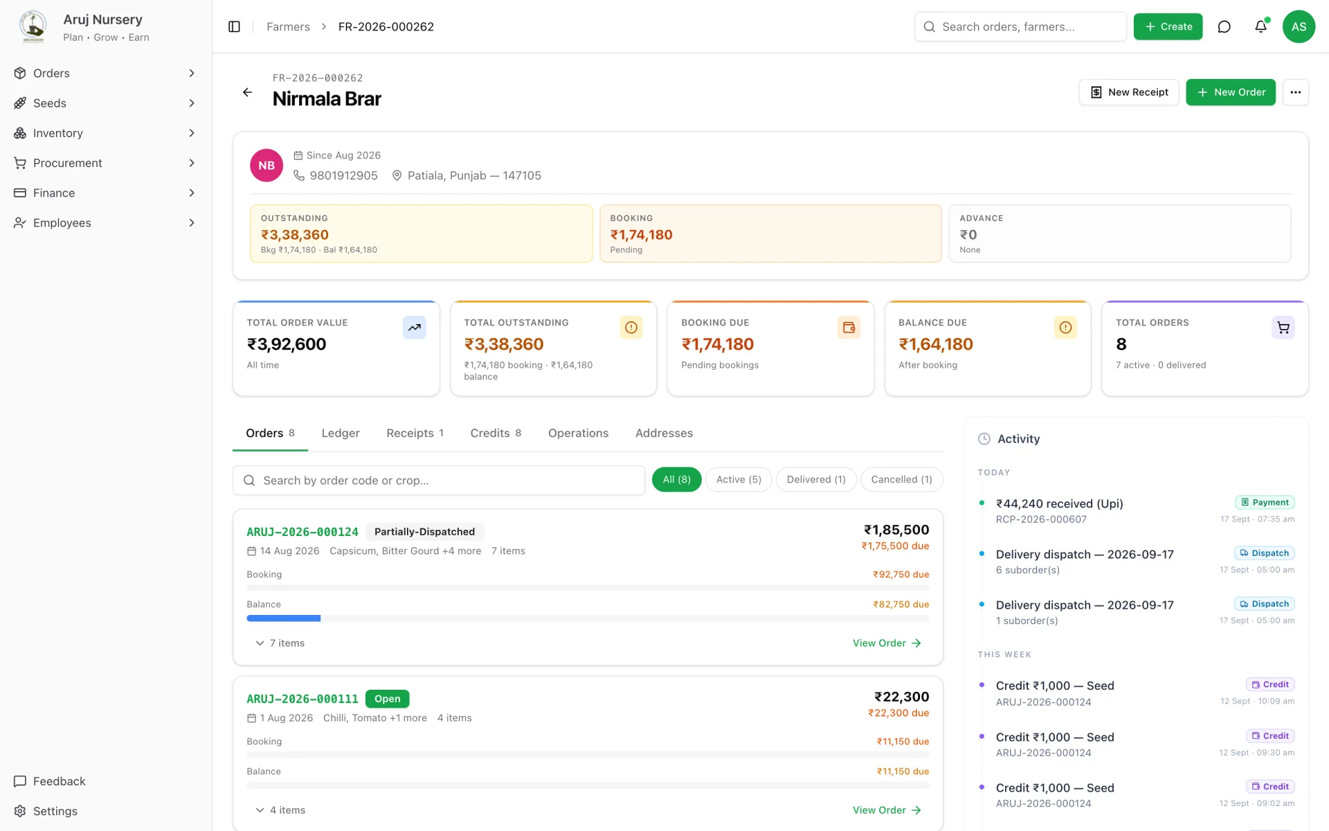 Farmer profile — outstanding, booking due, balance due, orders, receipts and credits at a glance.