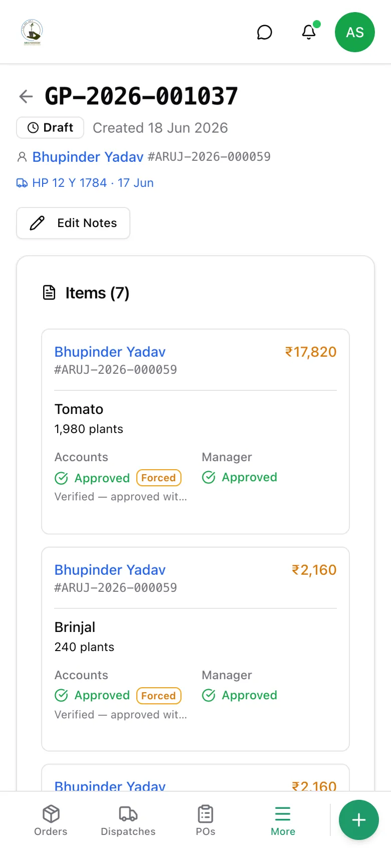 Gate pass approval on a phone — accounts and manager ticks per line