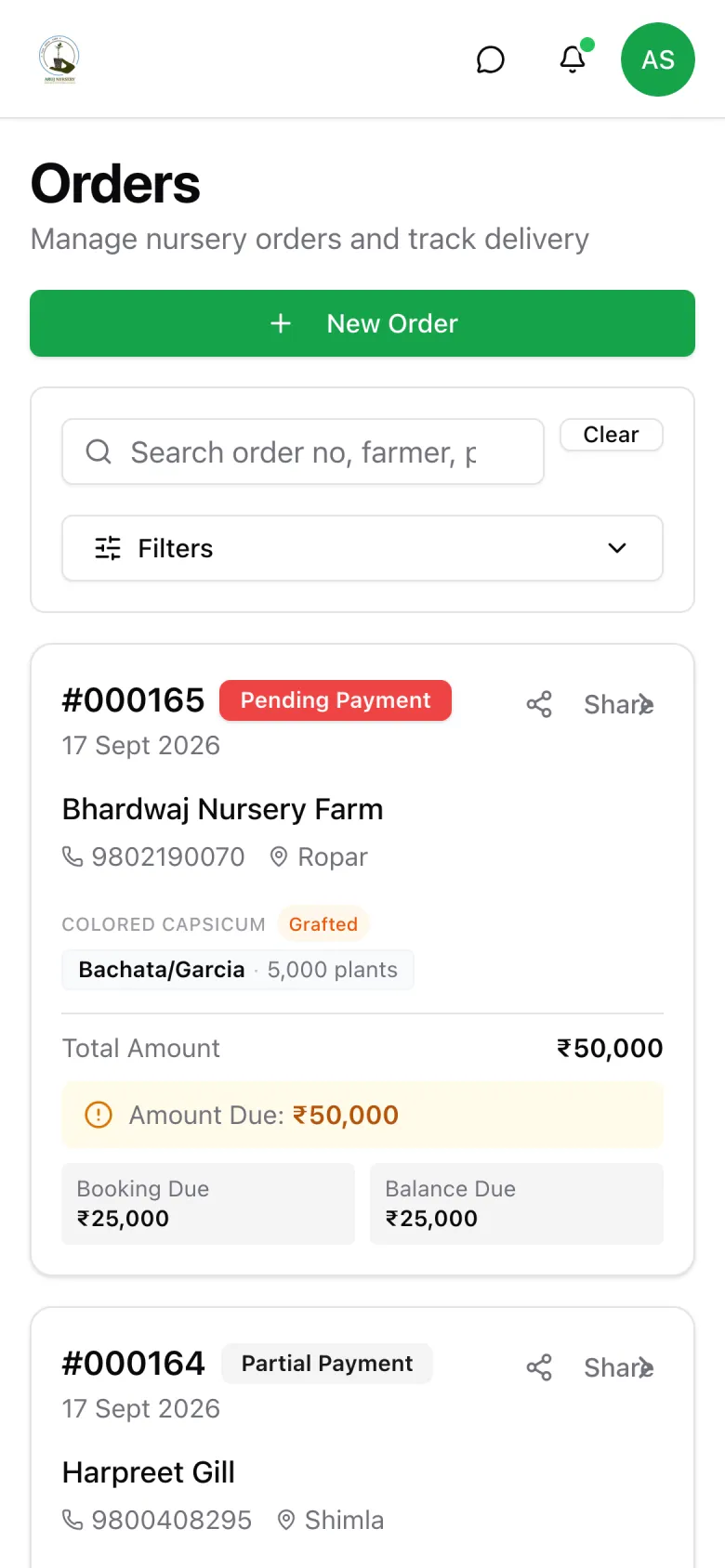 Orders on a phone — search, filter and open any order